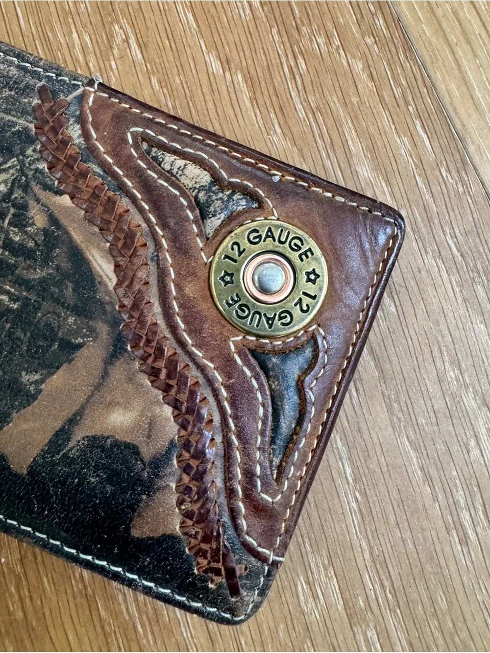 Zep Pro $68 Brown Camouflage Leather Bi-Fold Wallet 12 Gauge Concho Accent